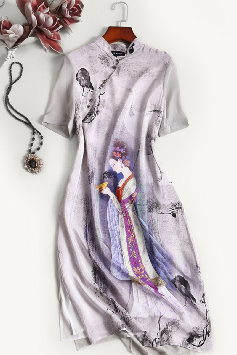 LOOSE CASUAL SHORT SLEEVE STAND COLLAR WASH PAINTING DRESS