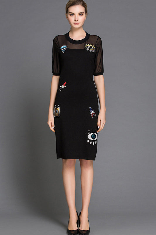 ELEGANT ROUND NECK SHEER PATTERN SLIM MIDI CASUAL DRESS