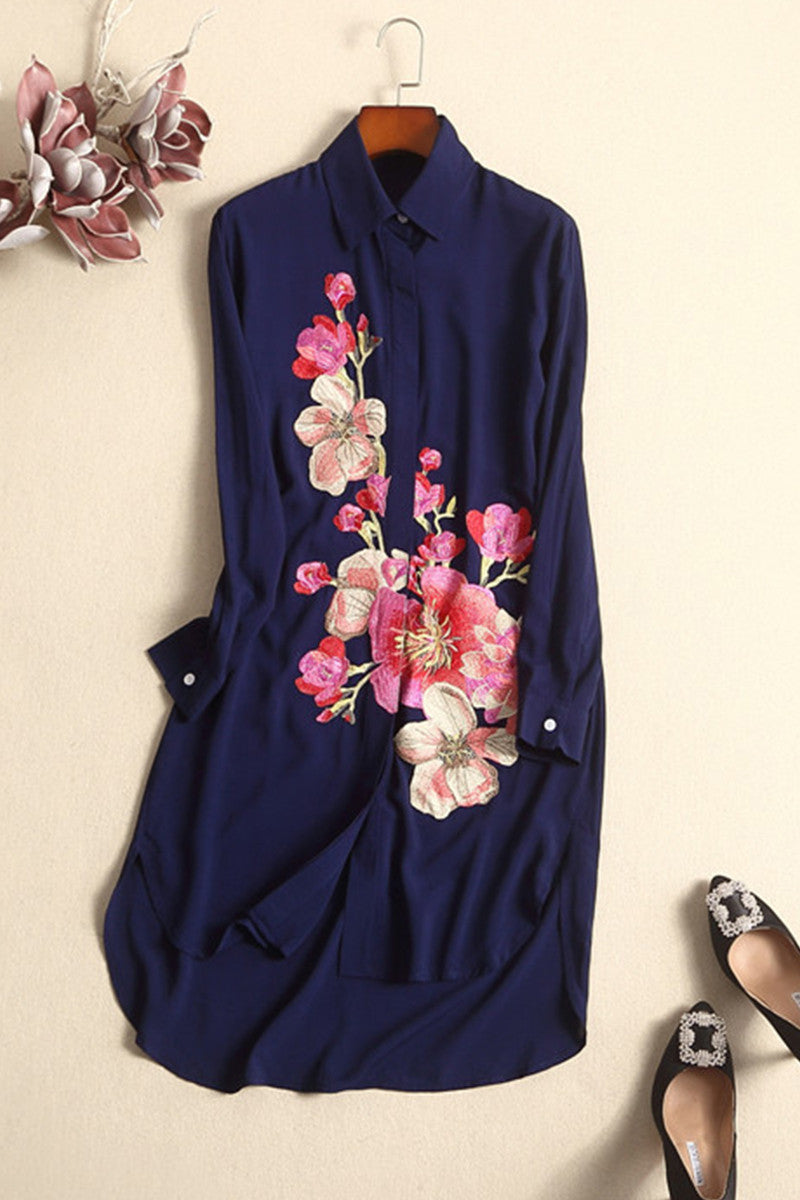 Napel Neck Flowers Embroidery Slim Shhirt Dress
