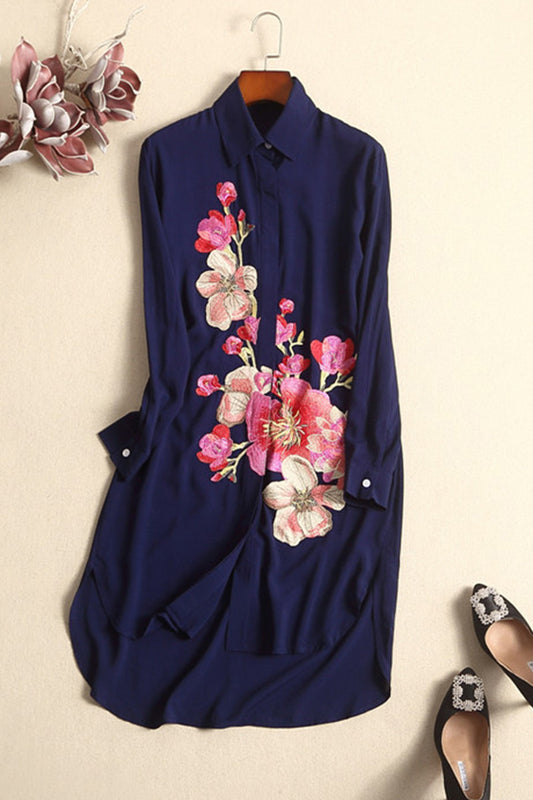 Napel Neck Flowers Embroidery Slim Shhirt Dress