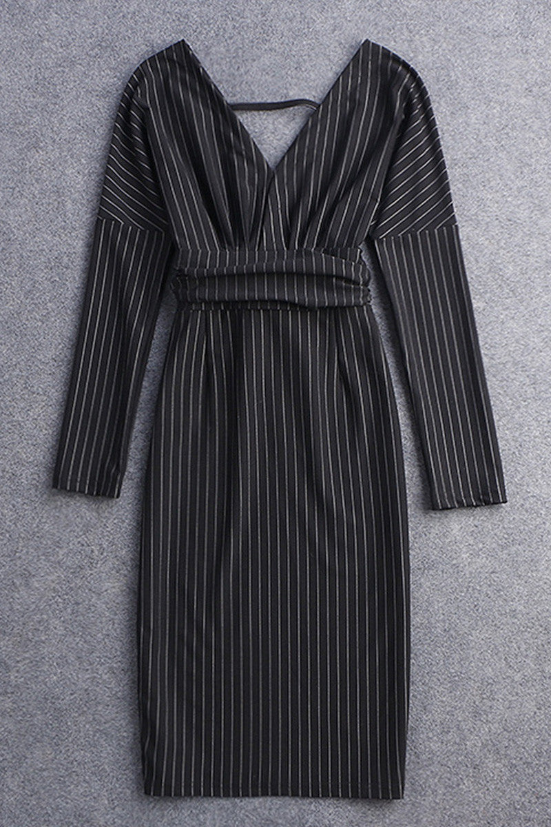 Deep V Neck Vertical Stripe Hollow-Out Back Lacing Waist Bodycon Dress