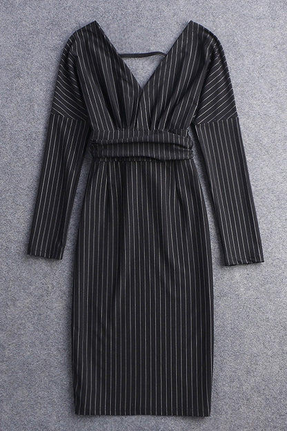 Deep V Neck Vertical Stripe Hollow-Out Back Lacing Waist Bodycon Dress