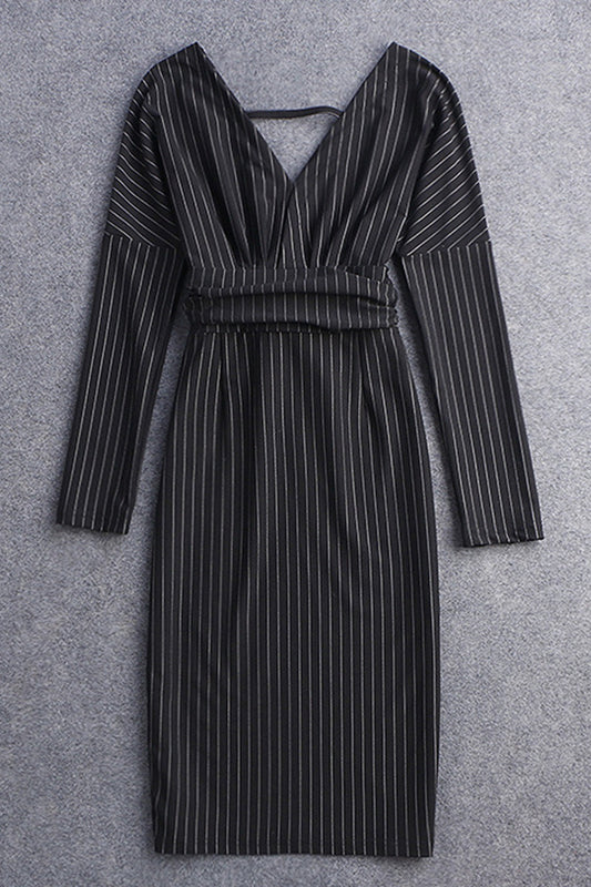Deep V Neck Vertical Stripe Hollow-Out Back Lacing Waist Bodycon Dress