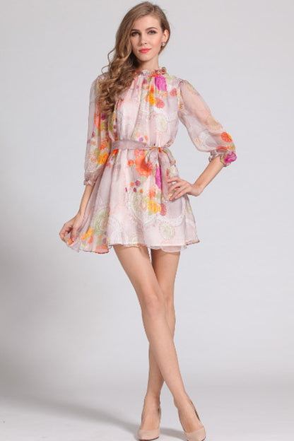 WOMEN'S LONG LACING SLEEVE PRINTING SHORT DRESS