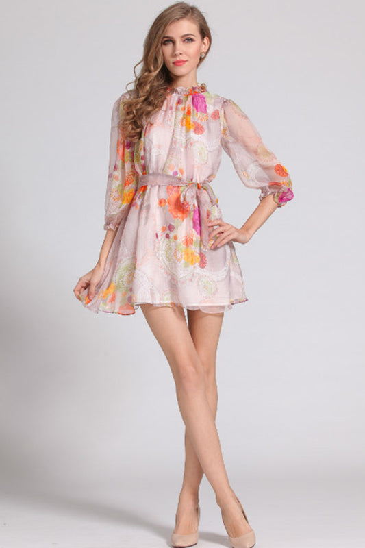 WOMEN'S LONG LACING SLEEVE PRINTING SHORT DRESS