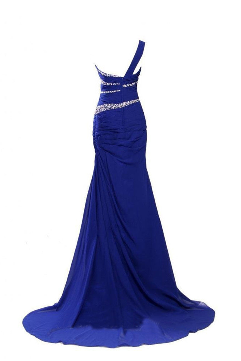 One Shoulder Beaded Slim Backless Floor Length Evening Gown Dress
