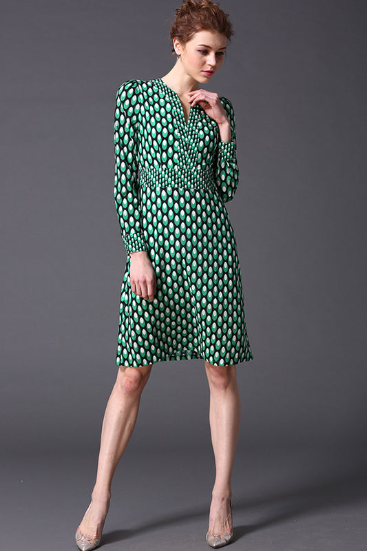 Droped  Pattern V-Neck High Waist Dress