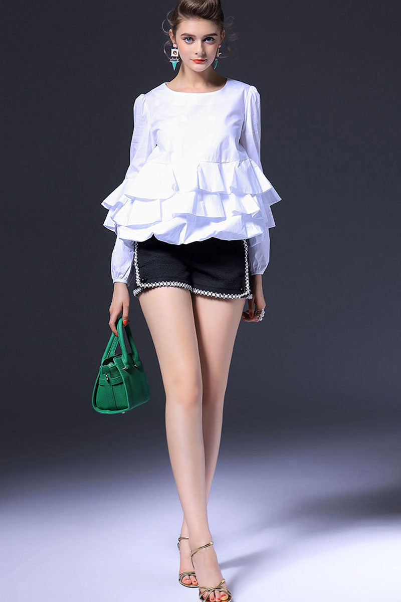 Round Collar Frill Flare Hem Mluti Layer Top