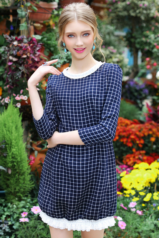 Women's Vintage Dress Casual Plaid 3/4 Sleeve Round Neck Mini Dress - NJOYDRESS - 1