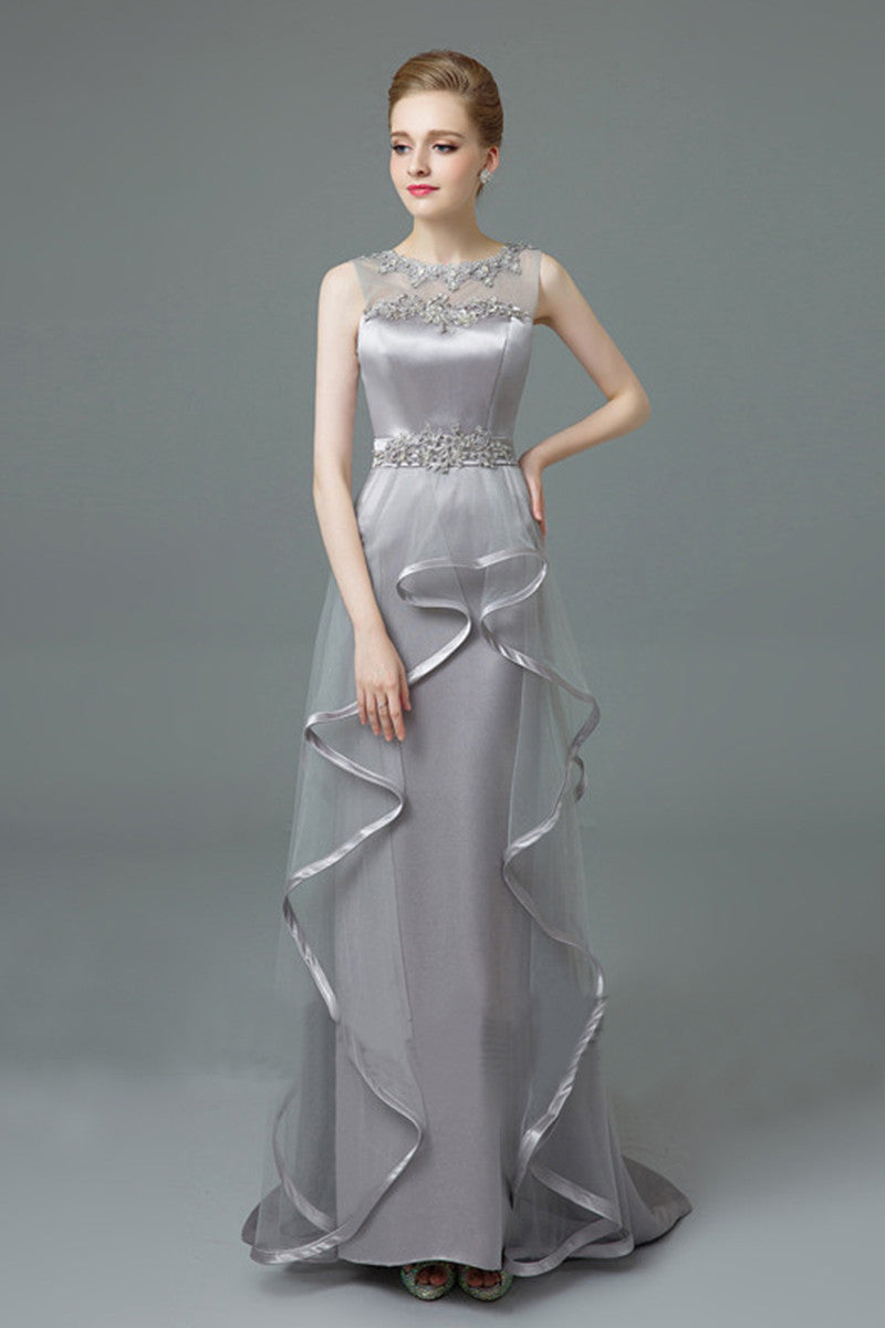 Round Collar Floral Lace Pearl Sheer Mesh Irregular Flare Mesh Long Dress