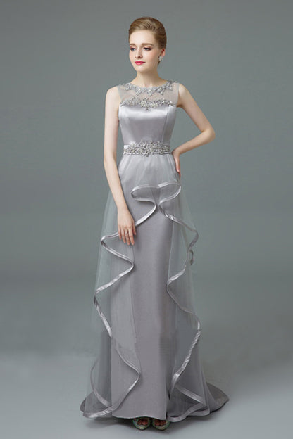 Round Collar Floral Lace Pearl Sheer Mesh Irregular Flare Mesh Long Dress