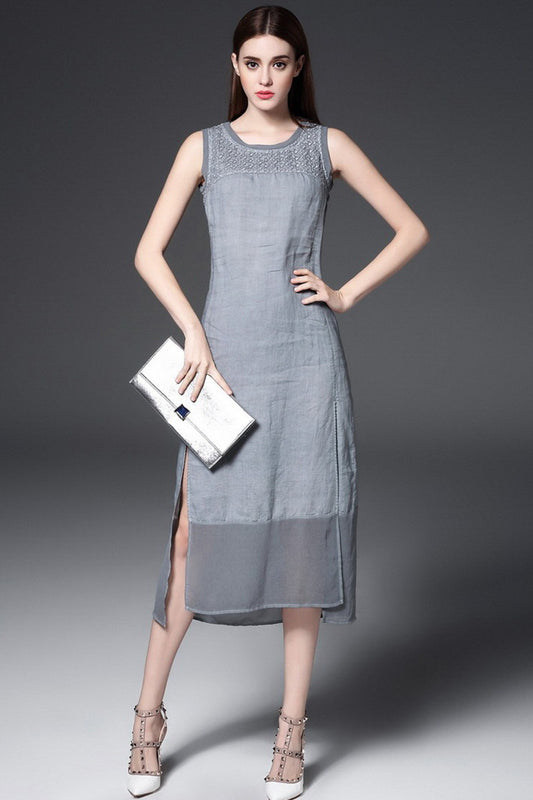 V Neck Vintage Patchwork Sleeveless Casual Dress