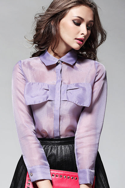 Organza Button Down Shirts With Bowknot On Bust
