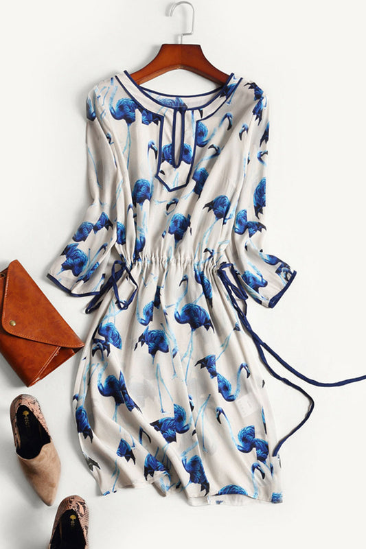 CASUAL H-LINE LOOSE ROUND NECK 3/4 SLEEVE CRANE PATTERN DRESS WITH BELT