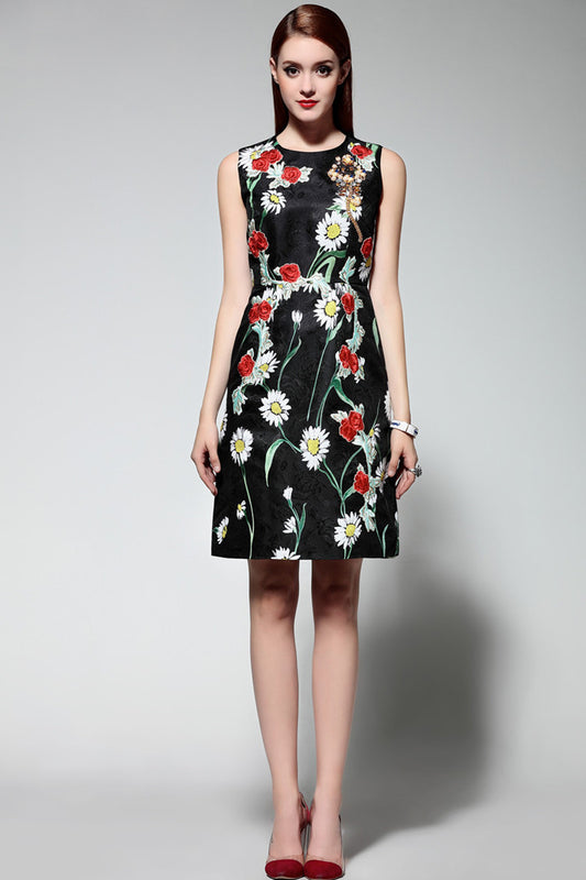 Embossed Short Dress With Embroidered And Acrylic Brooch