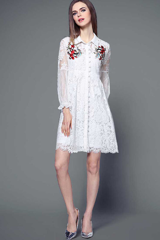 WOMEN'S CASUAL POLO NECK LACE LONG SLEEVE DRESS
