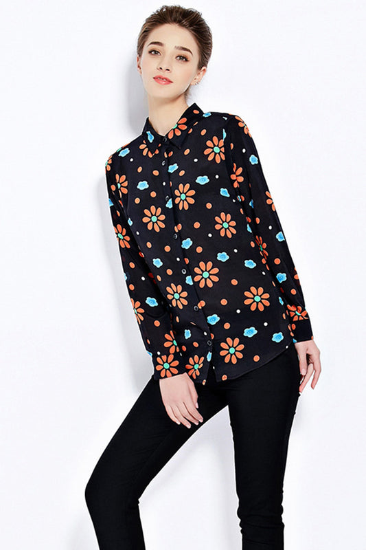 Stand Collar Floral Print Shirt Top