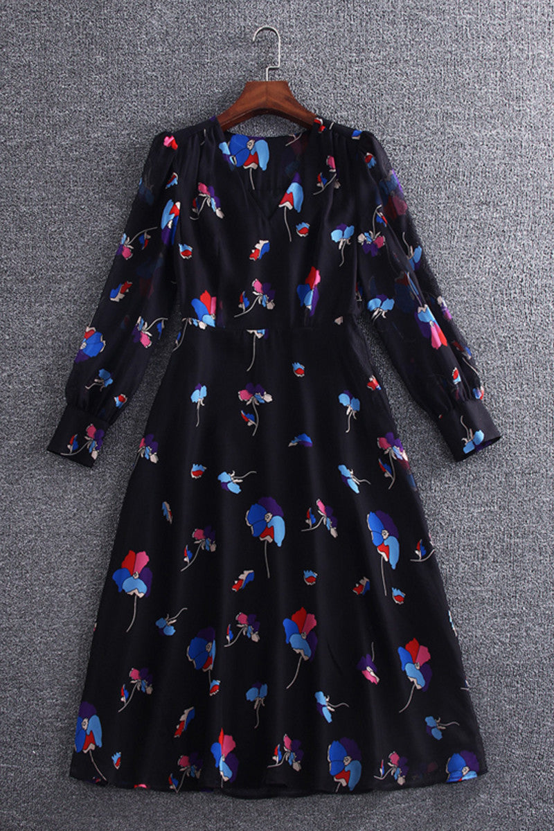 V-Neck Puff Sleeve Flower Printting Chiffon Dress - NJOYDRESS - 1