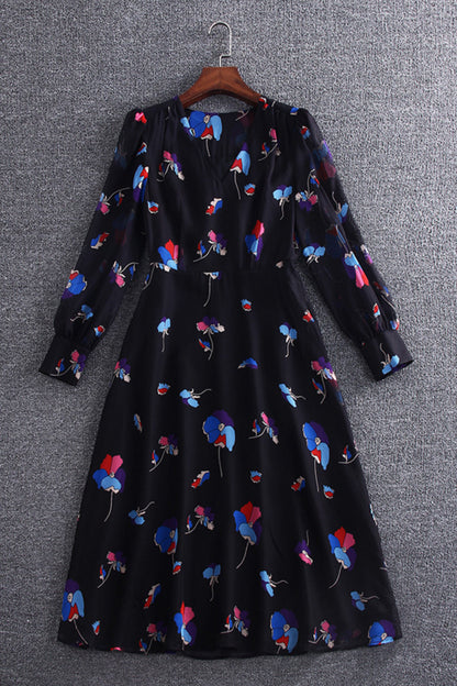 V-Neck Puff Sleeve Flower Printting Chiffon Dress - NJOYDRESS - 1