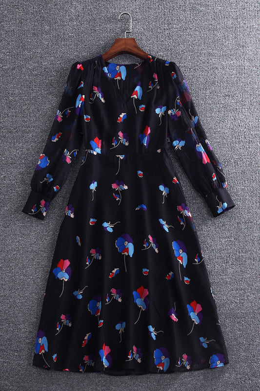 V-Neck Puff Sleeve Flower Printting Chiffon Dress - NJOYDRESS - 1