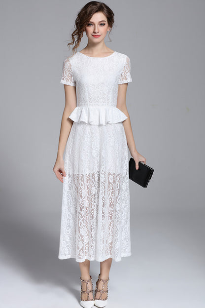 LACE ELEGANT SHORT SLEEVE FIT ROUND NECK COCKTAIL PARTY DRESS