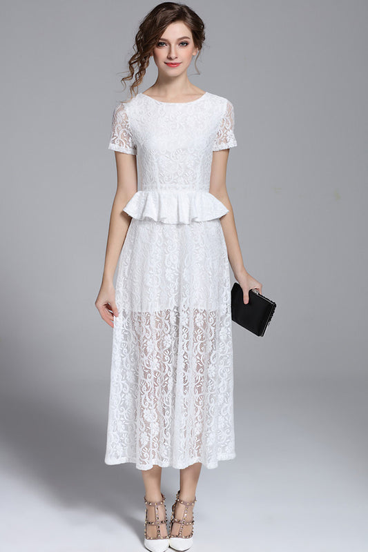 LACE ELEGANT SHORT SLEEVE FIT ROUND NECK COCKTAIL PARTY DRESS