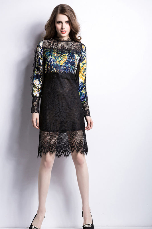 Women's Multi Slim Casual Dress Lace Long Sleeve Party Dress - NJOYDRESS - 1