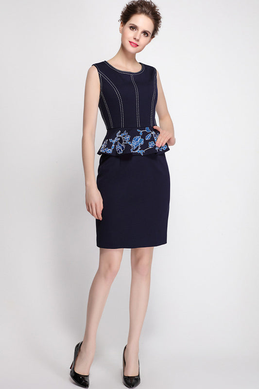 Elegant Round Neck Embroidery Slim Patch Mini Dress