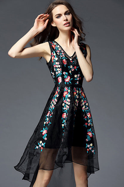 V Neck Floral Embroidery Mesh Hi-Low Irregular Flare Dress