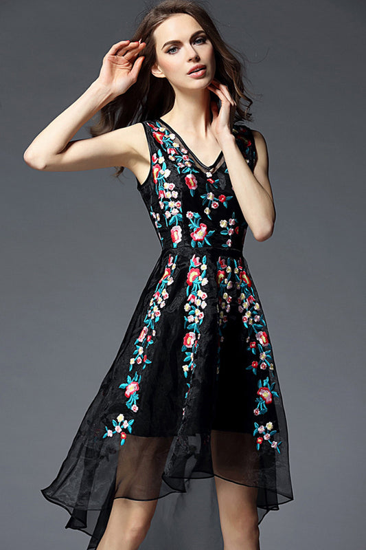 V Neck Floral Embroidery Mesh Hi-Low Irregular Flare Dress