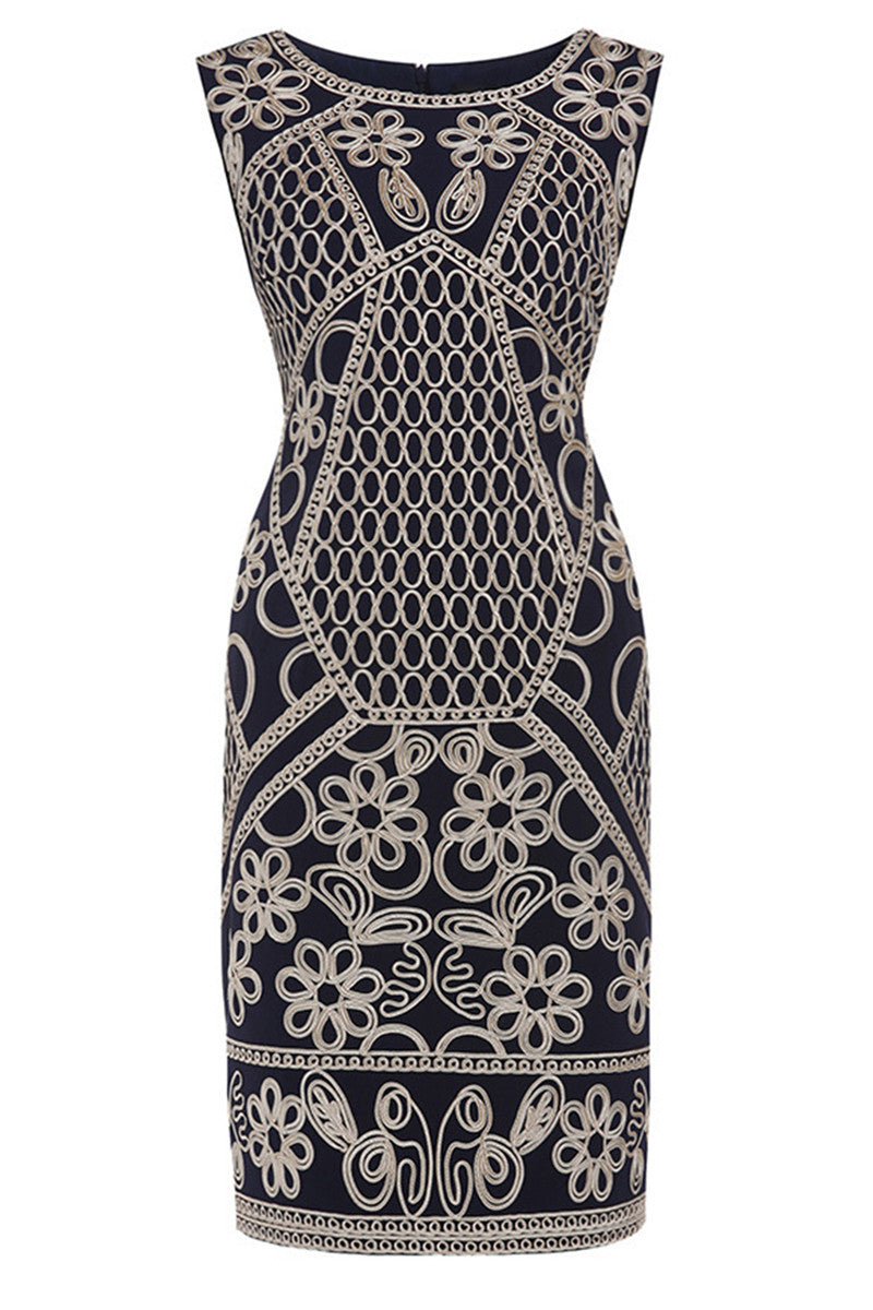 Round Collar  Embroidery Slim Wrap  Dress