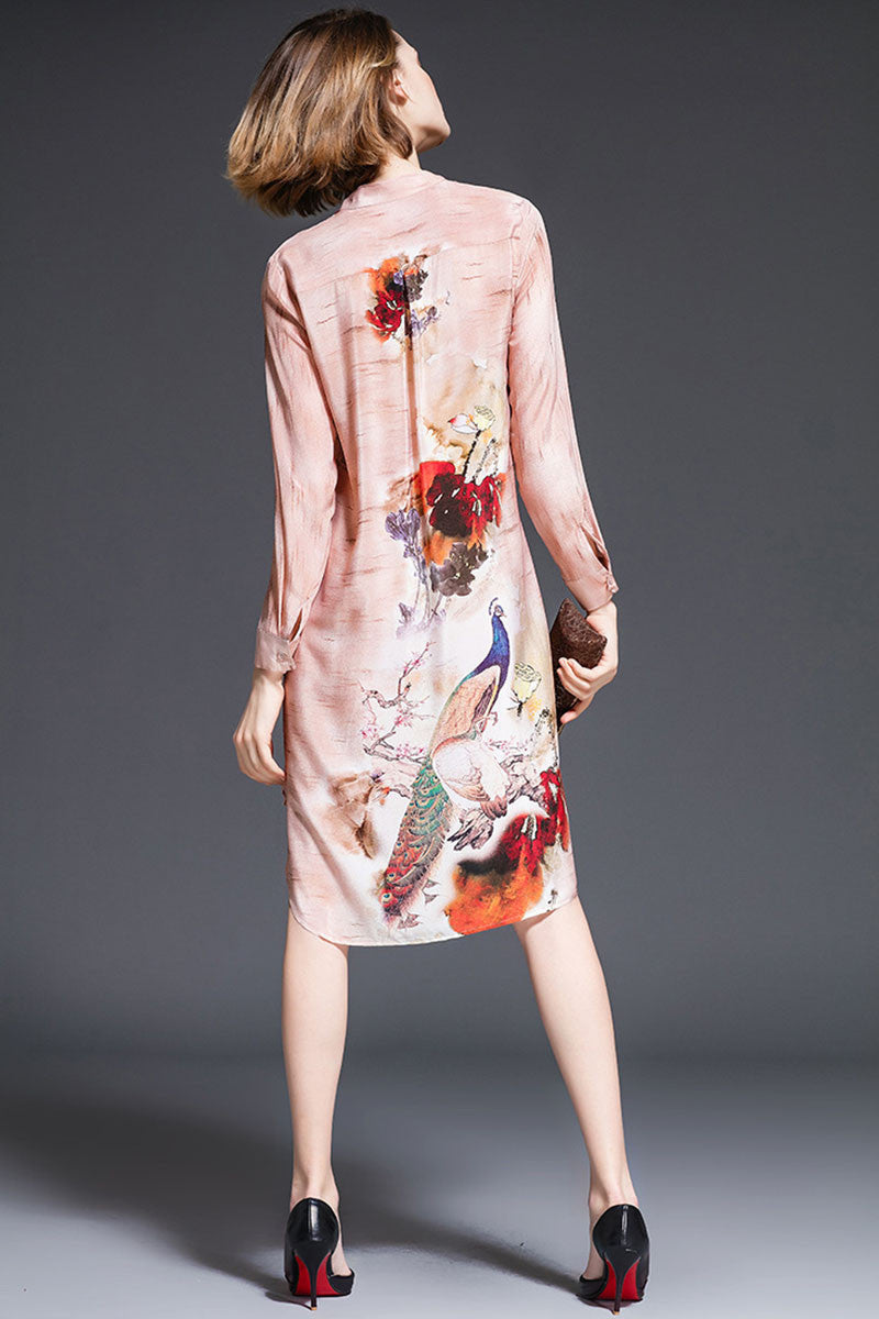 Stand Collar Peacock Pattern Front Short Long Back Dress - NJOYDRESS - 3