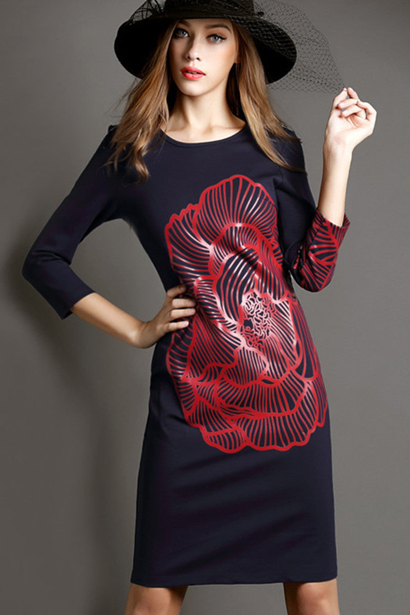 WOMEN'S ELEGANT BOAT NECK 3/4 PRINTING MIDI PARTY DRESS