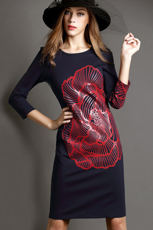 WOMEN'S ELEGANT BOAT NECK 3/4 PRINTING MIDI PARTY DRESS