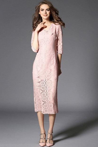 V Neck Full Lace Slim Wrap Side Slit Chi-Pao Dress