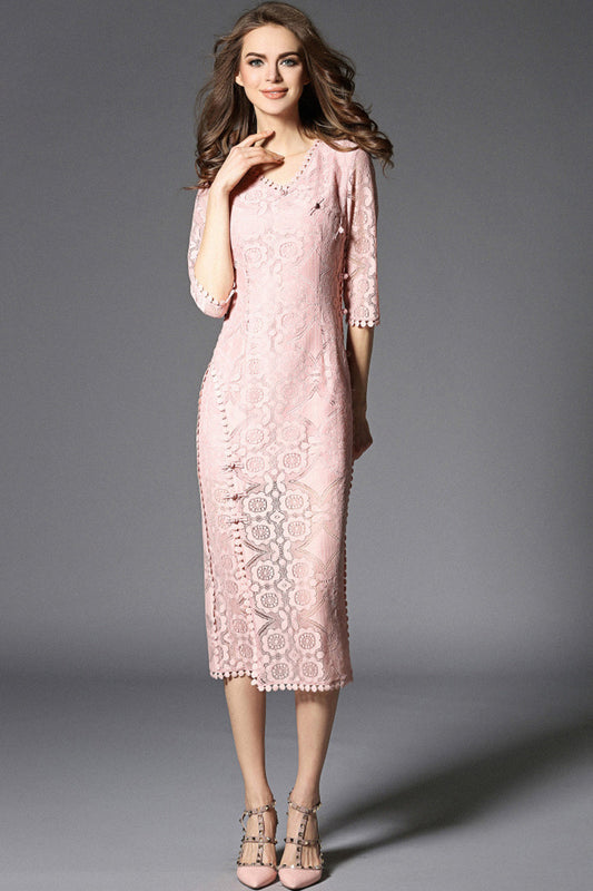 V Neck Full Lace Slim Wrap Side Slit Chi-Pao Dress