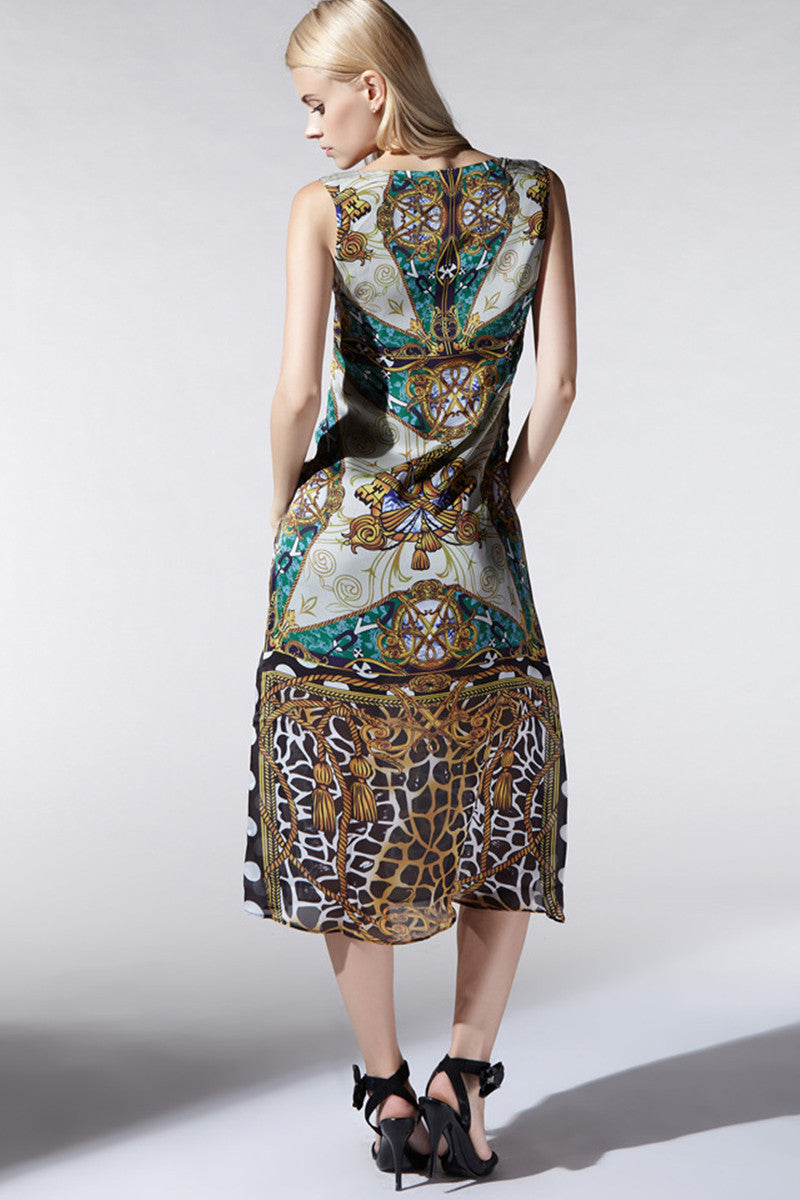 [30% OFF TILL 7 APR] Casual Slim V Neck Vintage Printed Midi Dress