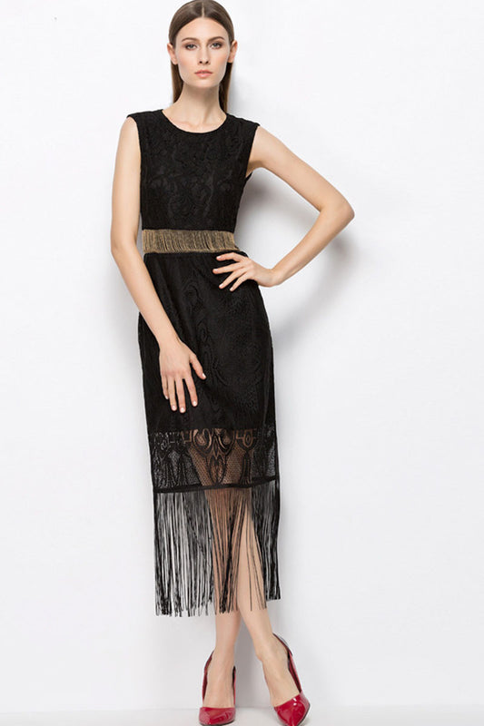 Round Collar Embroidery Beaded Waist Tassel Flapper Dress