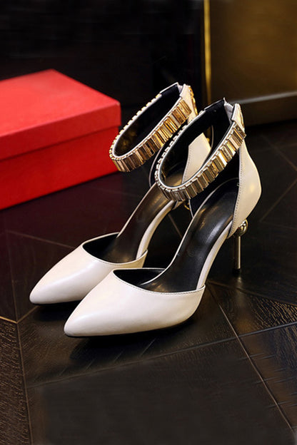 Pointed Toe Metallic Ankle Strap Pumps