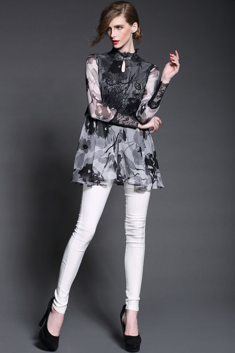 Gray Floral Printing Long Shirts With Lace Layer - NJOYDRESS - 1