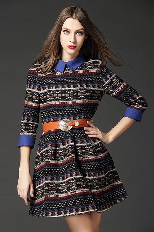 Tribal Pattern Flared Dress With PU Belt