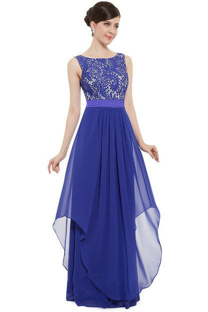 Round Collar Lace Applique Empire Waist Backless Flare Hem Tulle Gown Dress
