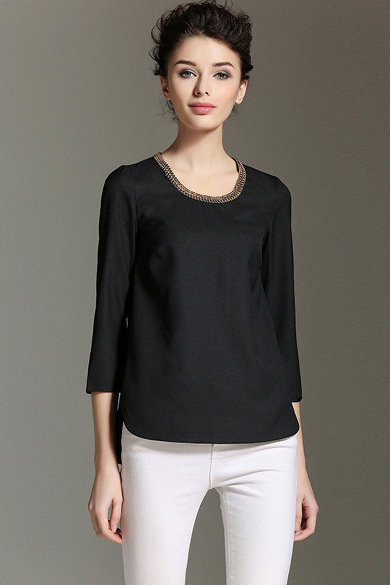 Chain Neck 3/4Sleeve Slit Side Hollow-Out Back Chiffon Top