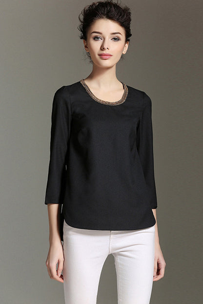 Chain Neck 3/4Sleeve Slit Side Hollow-Out Back Chiffon Top