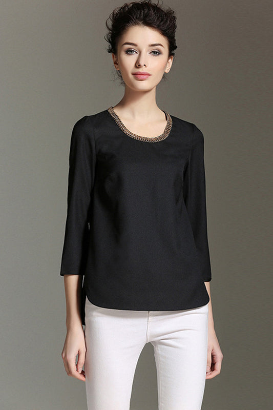 Chain Neck 3/4Sleeve Slit Side Hollow-Out Back Chiffon Top
