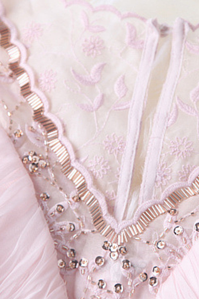 V-Neck Embroidered Mixed Bead Illusion Shrring Pleated Cocktail Dress