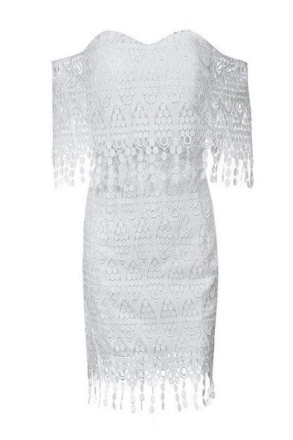 Off Shoulder Fringe Lace Casual Short Dress