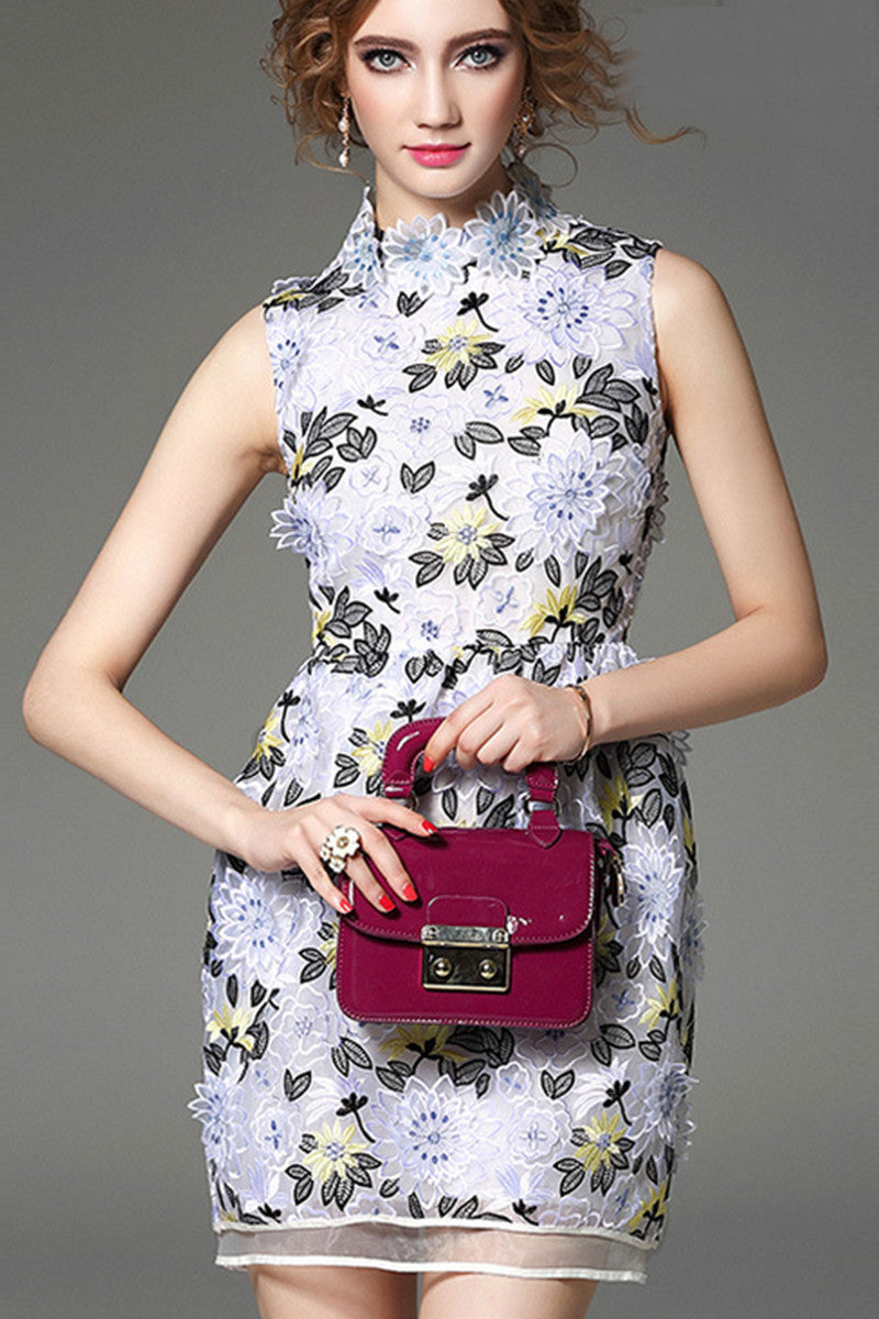 Stand Collar Petal Flowers Embroidered Mesh Patch Shirring Waist Dress