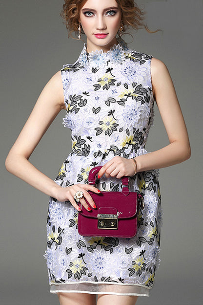 Stand Collar Petal Flowers Embroidered Mesh Patch Shirring Waist Dress