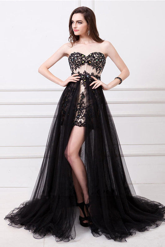 Strapless Sweetheart Lace Applique Beaded Backless Hi-Low Grown